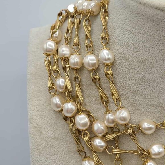 J Crew 12 Strands of Faux Pearls Gold Tone Link Necklace - Picture 5 of 13